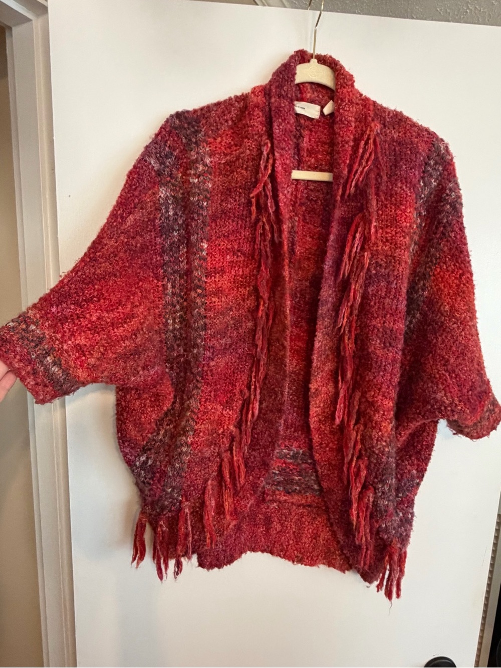 M Anthropologie Sleeping on Snow Red Fringe Knit Boucle Cocoon Open Cardigan